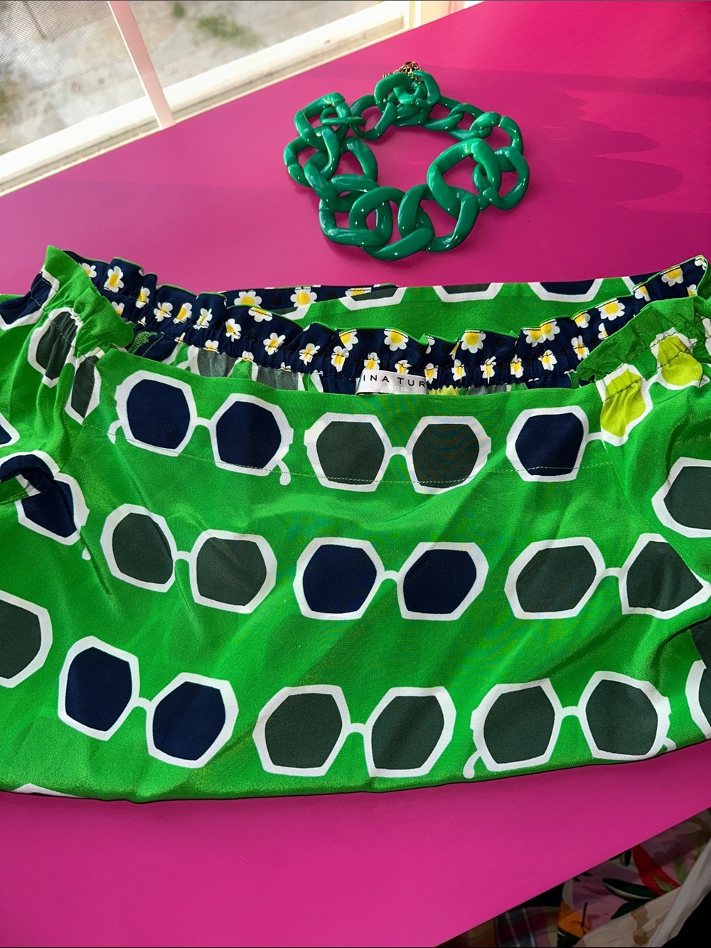 Trina Turk Green Geometric Puff-Sleeve Women's Top - Picture 5 of 7